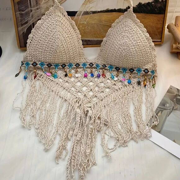 Crochet Halter Bra with Cropped Tassel Hem Summer Sleeveless Casual Top - Picture 1 of 8